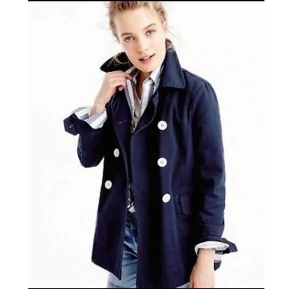 J Crew Pea Coat Women's 10 Navy Double Breasted White Button Heavyweight Twill - Picture 12 of 15